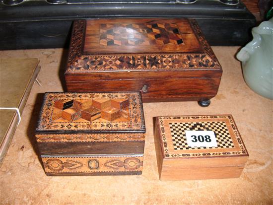 Three Tunbridge ware boxes: a rosewood geometric inlaid box, a Barton perfume box and a Tunbridge Wells Manufacturing Co. box